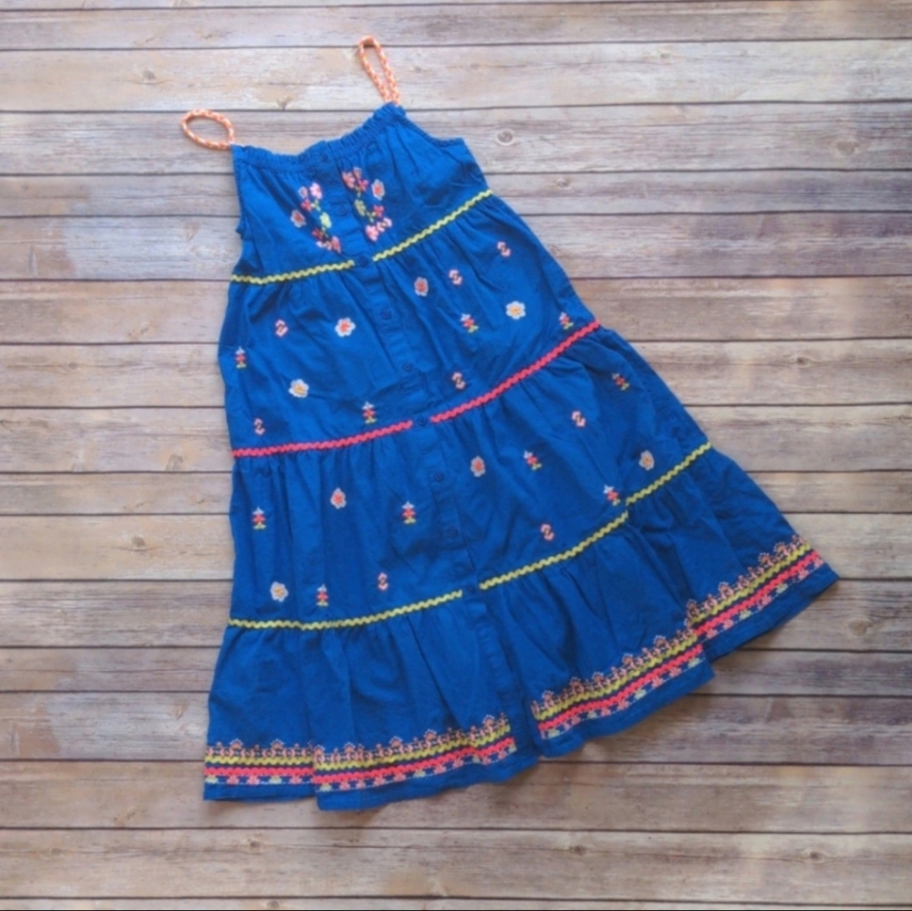 Boden Sleeveless Embroidered Tiered Sleeveless Dress in Blue - Size 9-10y